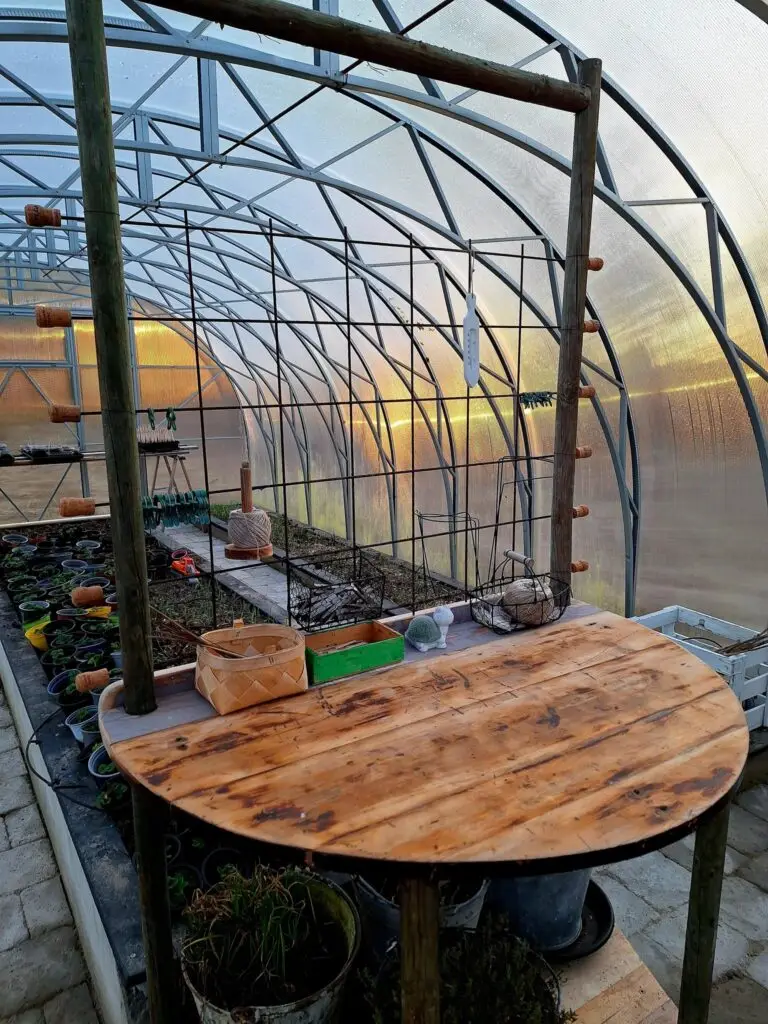 Växthuset på Hindrikas med arbetsbord byggt av återvunnet material